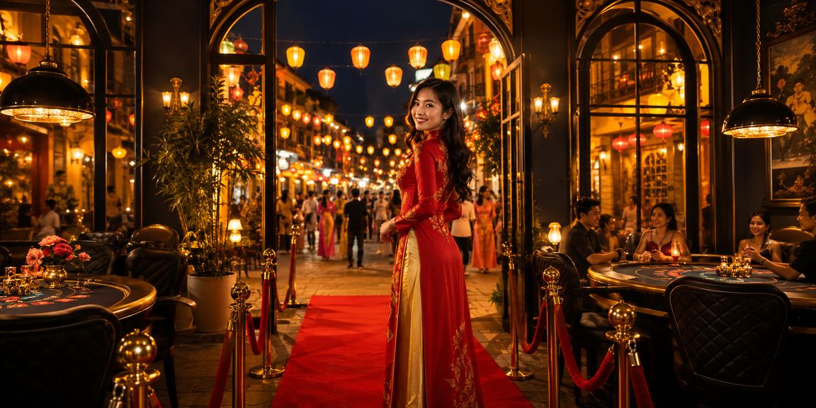 Người chơi bài casino tại Hội An với trang phục áo dài truyền thống